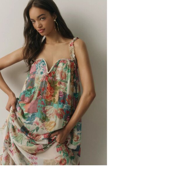 Anthropologie Floral Patchwork Midi Dress in Cream, Pink, Green, Blue - Picture 3 of 6